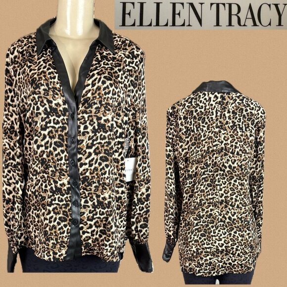 Ellen Tracy L Animal Print Button Collar Faux Leather Trim Long Sleeve Blouse - Picture 1 of 6